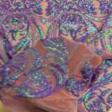 Catina Damask Stretch Sequins Nylon Spandex Mesh Fabric - Iridescent Sequin Damask, 60" Width, 52" Sequin Width (1 Yard)