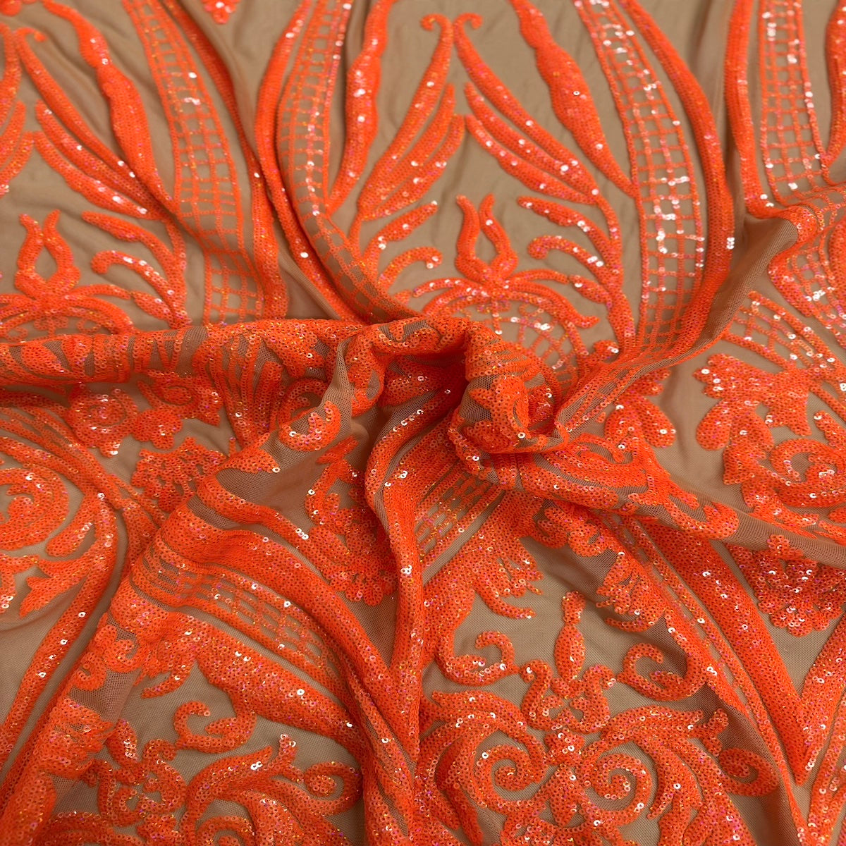 Catina Damask Stretch Sequins Nylon Spandex Mesh Fabric - Iridescent Sequin Damask, 60" Width, 52" Sequin Width (1 Yard)