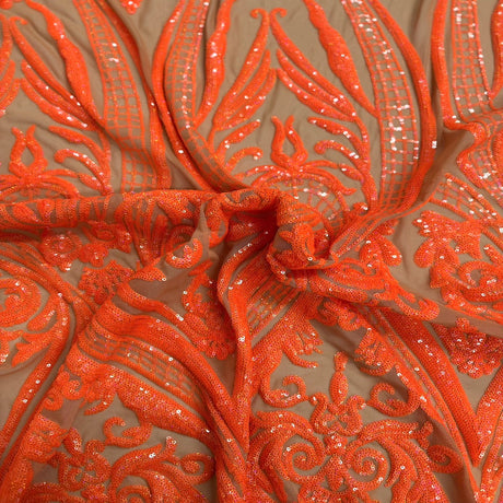 Catina Damask Stretch Sequins Nylon Spandex Mesh Fabric - Iridescent Sequin Damask, 60" Width, 52" Sequin Width (1 Yard)