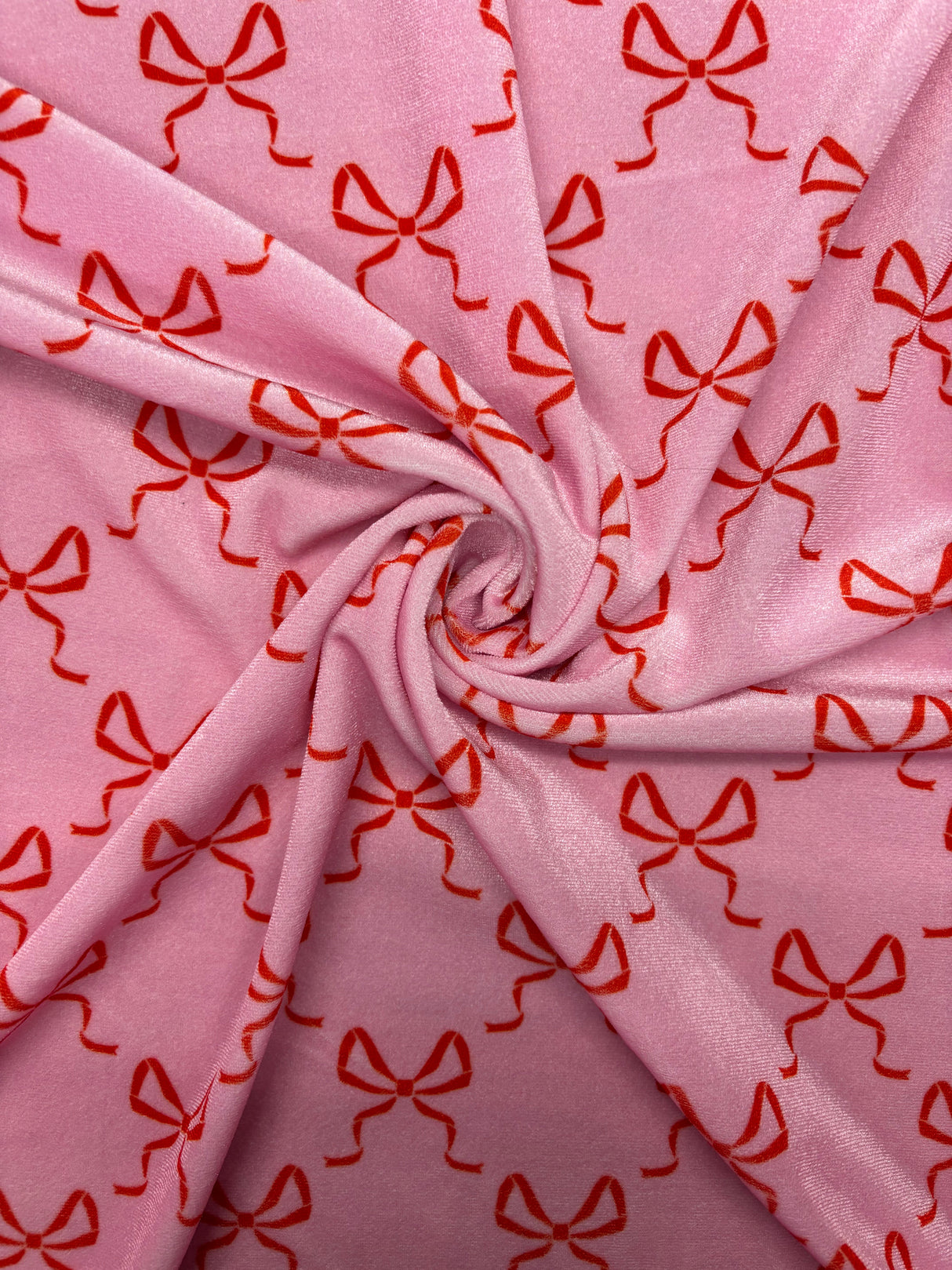 Bow Print Velvet Velvet Fabric - Pink, White Bow Print, 1 Yard
