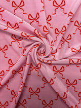 Bow Print Velvet Velvet Fabric - Pink, White Bow Print, 1 Yard