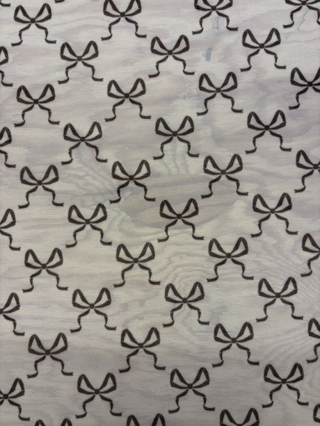 Bow Print Mesh Stretch Mesh Fabric - Black, Red Bow Print, Four-Way Stretch (1 Yard)