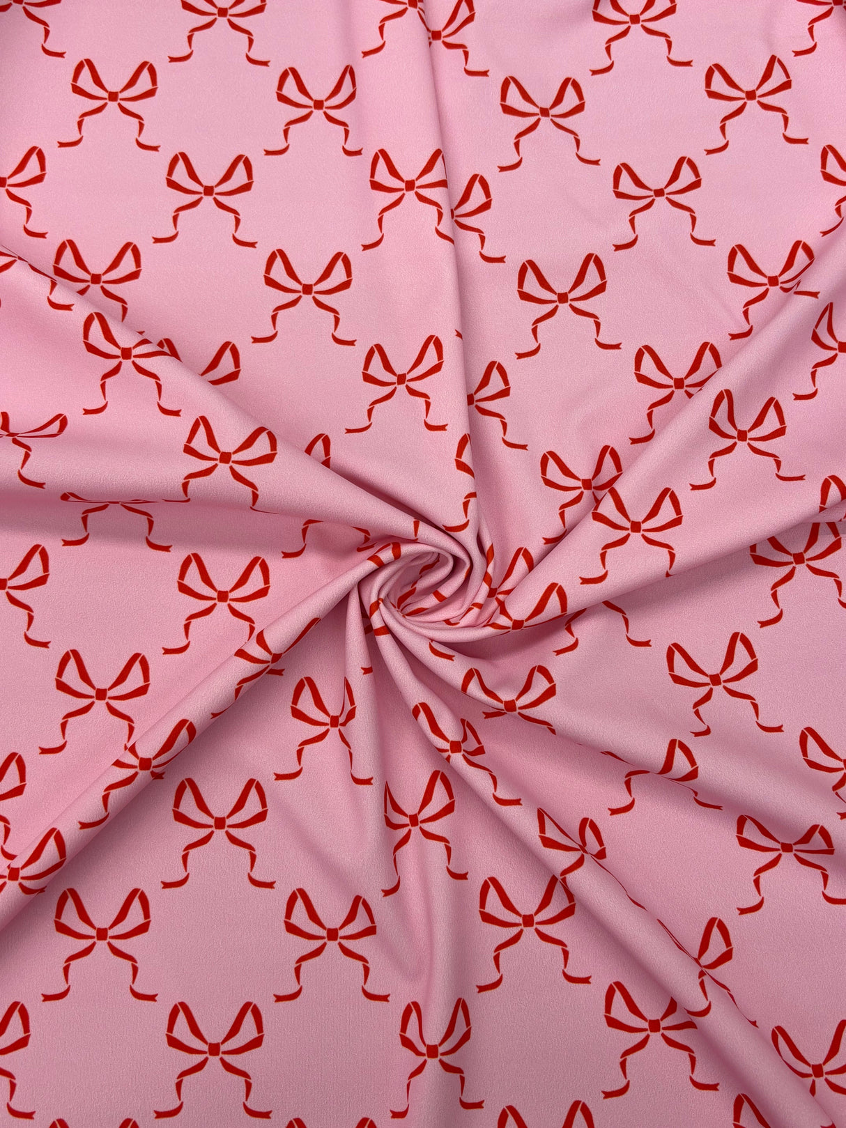 Bow Print Spandex Fabric - White/Pink Bow Print, 58"/60" Width (1 Yard)