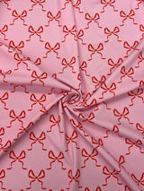 Bow Print Spandex Fabric - White/Pink Bow Print, 58"/60" Width (1 Yard)