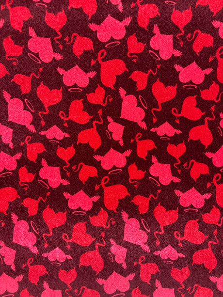 Devil Heart Print Velvet Fabric - Red Heart Print, 4-Way Stretch (1 Yard)