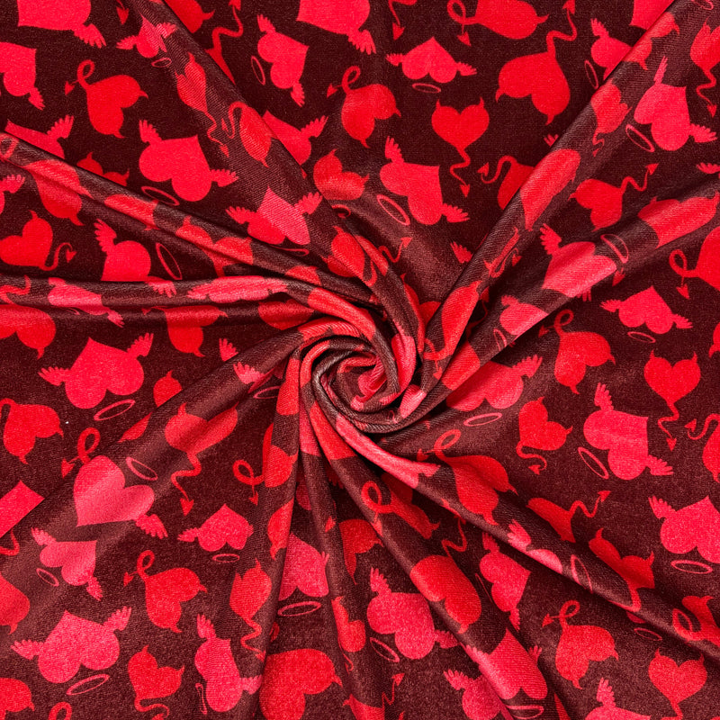 Devil Heart Print Velvet Fabric - Red Heart Print, 4-Way Stretch (1 Yard)