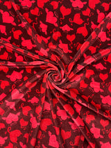 Devil Heart Print Velvet Fabric - Red Heart Print, 4-Way Stretch (1 Yard)