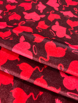 Devil Heart Print Velvet Fabric - Red Heart Print, 4-Way Stretch (1 Yard)