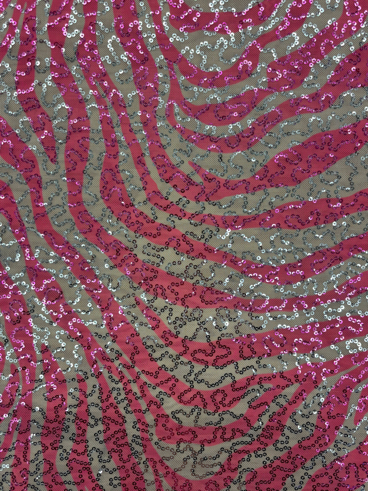 Pink Zebra Print Sequin Mesh Fabric - Pink Zebra Print, 4-Way Stretch, Medium Weight (1 Yard)