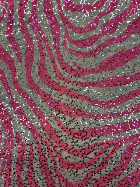 Pink Zebra Print Sequin Mesh Fabric - Pink Zebra Print, 4-Way Stretch, Medium Weight (1 Yard)