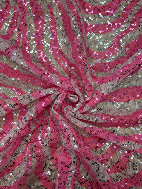 Pink Zebra Print Sequin Mesh Fabric - Pink Zebra Print, 4-Way Stretch, Medium Weight (1 Yard)