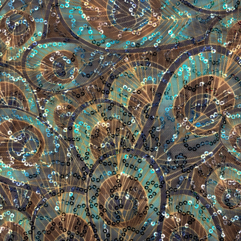 Peacock Print Sequin Mesh Fabric - Peacock Print, 4-Way Stretch, Medium Weight (1 Yard)