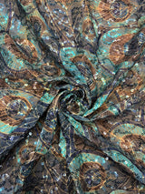 Peacock Print Sequin Mesh Fabric - Peacock Print, 4-Way Stretch, Medium Weight (1 Yard)