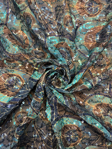 Peacock Print Sequin Mesh Fabric - Peacock Print, 4-Way Stretch, Medium Weight (1 Yard)
