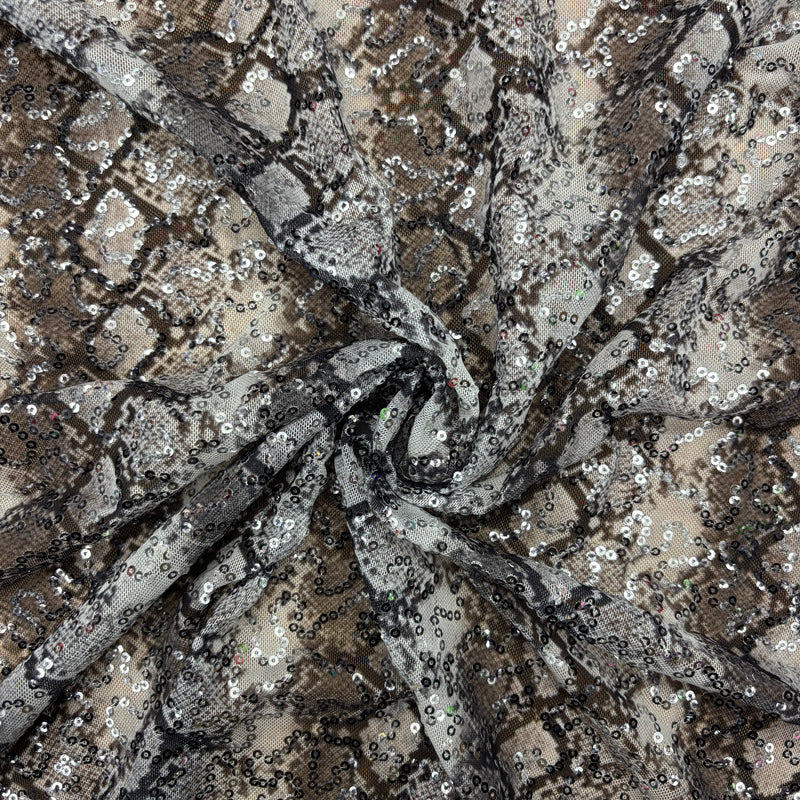 Grey Snake Print Sequin Mesh Fabric - Grey Snake Print, 4-Way Stretch, Medium Weight (1 Yard)
