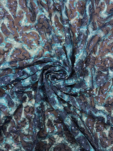 Blue Flame Print Sequin Mesh Fabric - Blue Flame Print, 4-Way Stretch, 9 Oz, 1 Yard
