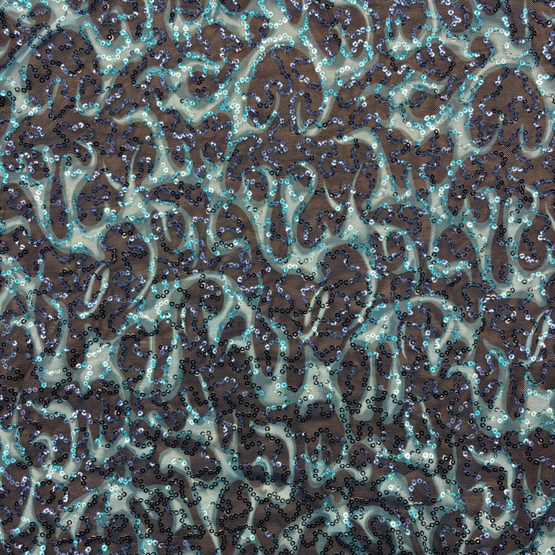 Blue Flame Print Sequin Mesh Fabric - Blue Flame Print, 4-Way Stretch, 9 Oz, 1 Yard