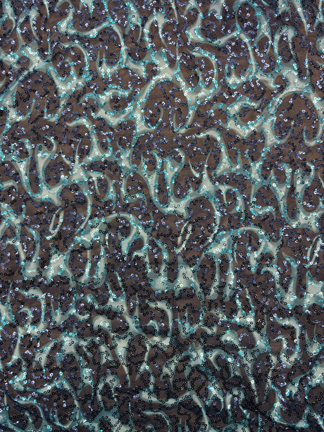 Blue Flame Print Sequin Mesh Fabric - Blue Flame Print, 4-Way Stretch, 9 Oz, 1 Yard