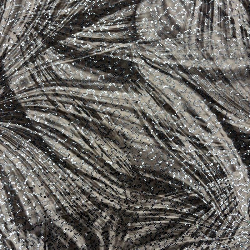 Black And White Fan Print Sequin Mesh Fabric - Black And White Fan Print, 1 Yard