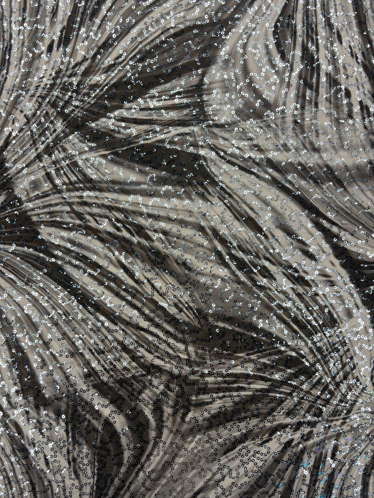 Black And White Fan Print Sequin Mesh Fabric - Black And White Fan Print, 1 Yard