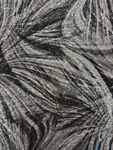 Black And White Fan Print Sequin Mesh Fabric - Black And White Fan Print, 1 Yard