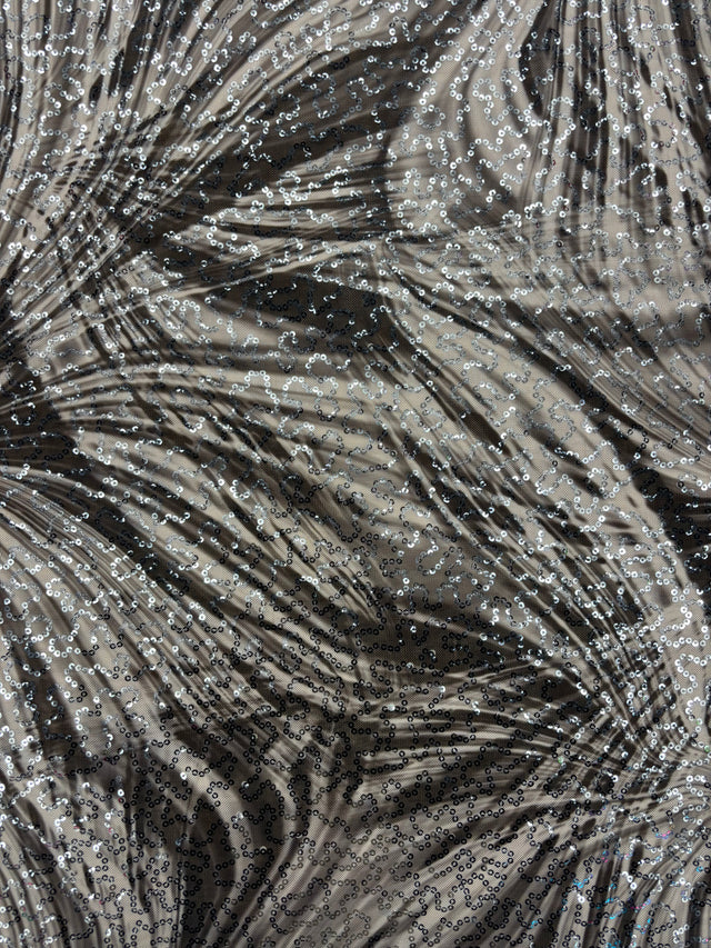 Black And White Fan Print Sequin Mesh Fabric - Black And White Fan Print, 1 Yard