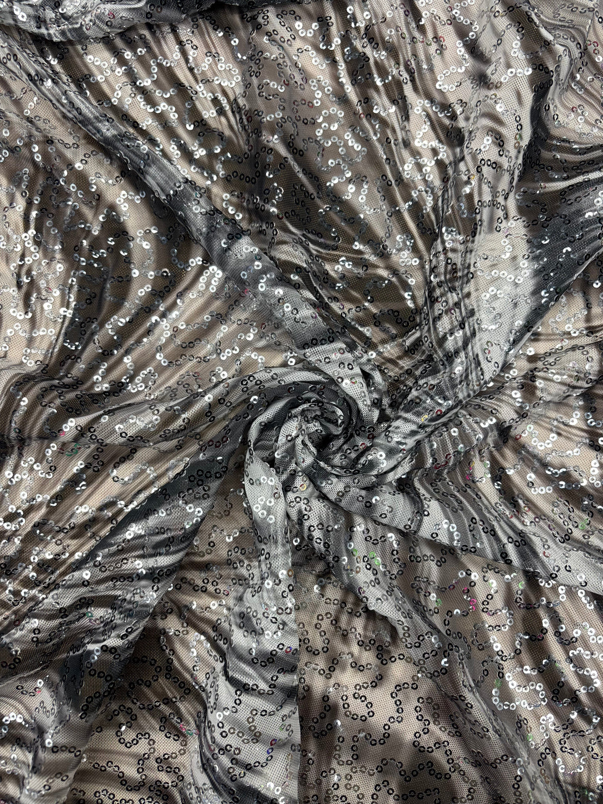 Black And White Fan Print Sequin Mesh Fabric - Black And White Fan Print, 1 Yard