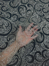 Silver Sequin Beaded Scroll Lace on Mesh