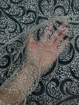 Silver Sequin Beaded Scroll Lace on Mesh