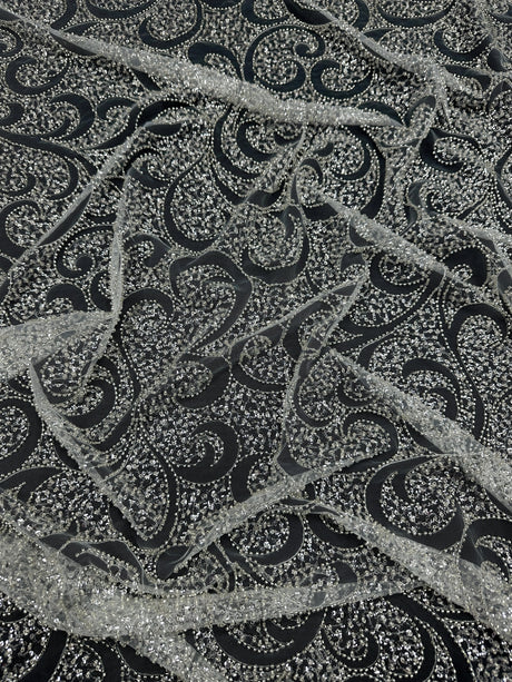 Silver Sequin Beaded Scroll Lace on Mesh