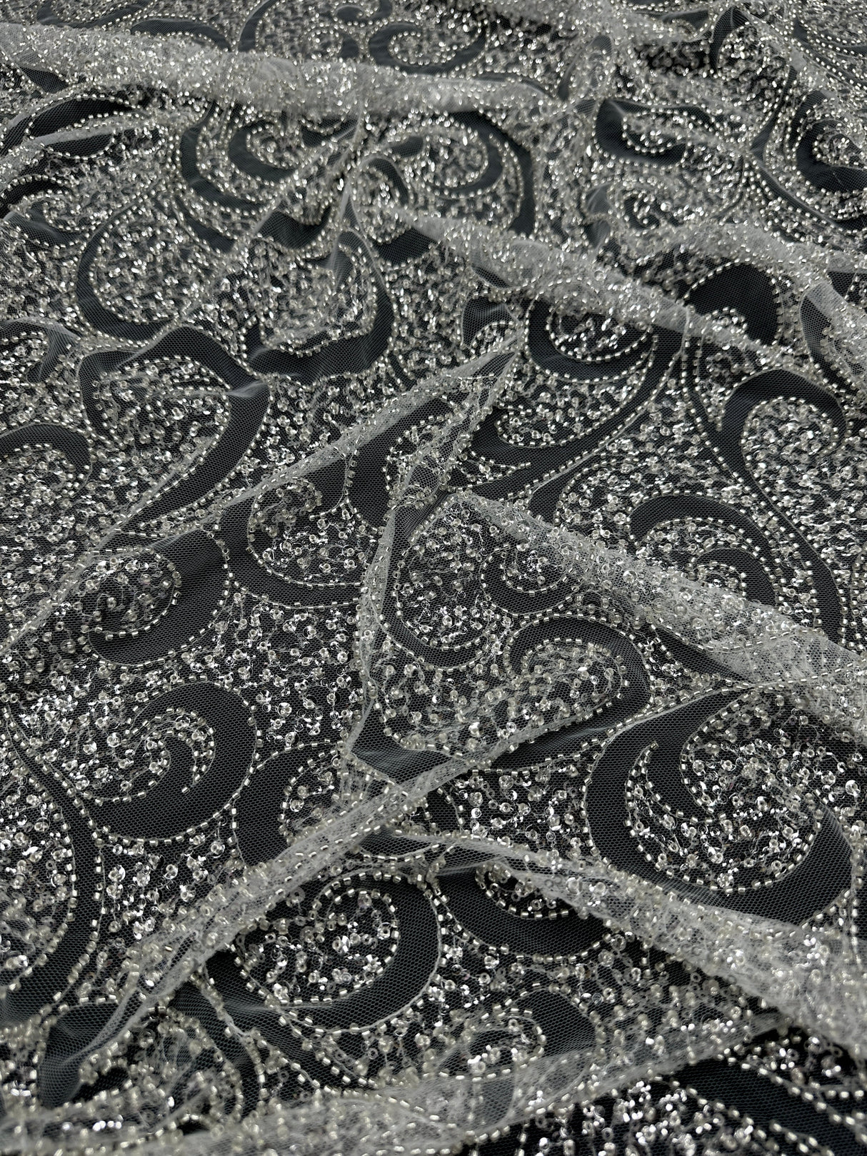 Silver Sequin Beaded Scroll Lace on Mesh