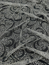 Silver Sequin Beaded Scroll Lace on Mesh