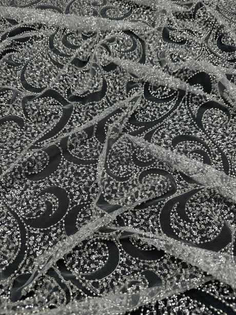 Silver Sequin Beaded Scroll Lace on Mesh