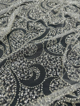Silver Sequin Beaded Scroll Lace on Mesh