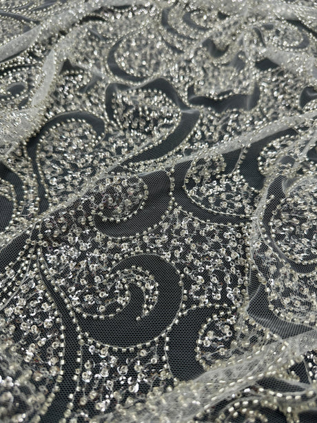 Silver Sequin Beaded Scroll Lace on Mesh
