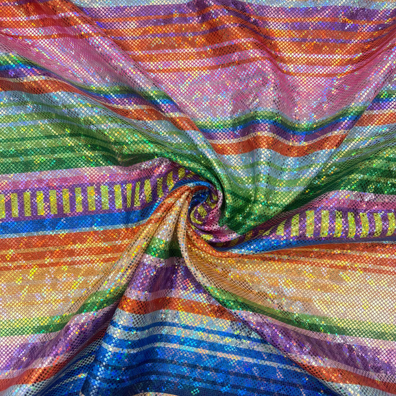 Bold Rainbow Striped Shattered Glass Metallic Spandex Fabric - Rainbow Stripes, 36" Width (1 Yard)