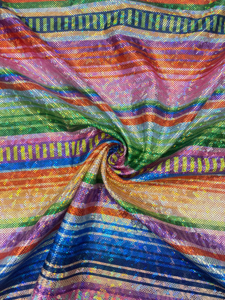 Bold Rainbow Striped Shattered Glass Metallic Spandex Fabric - Rainbow Stripes, 36" Width (1 Yard)