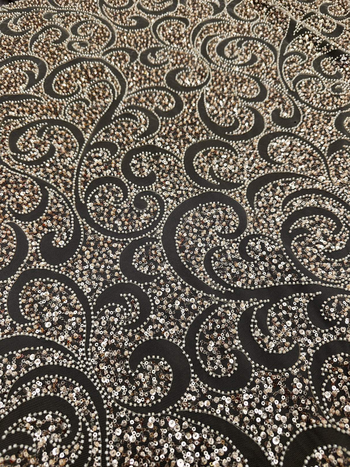 Gold Stretch Sequin Beaded Scroll Lace Mesh