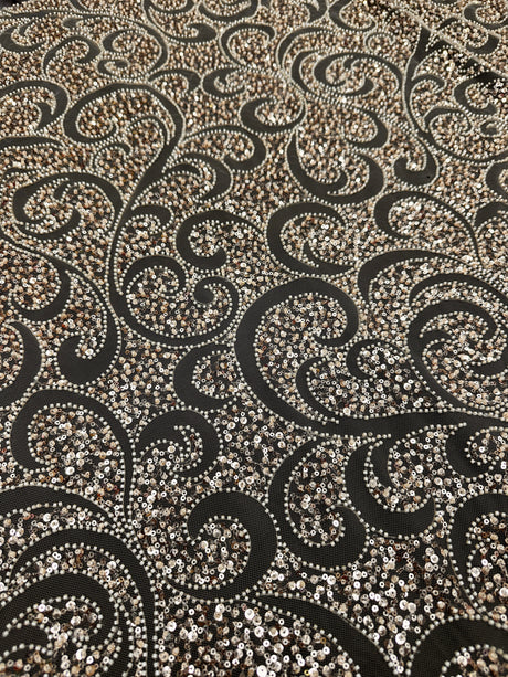 Gold Stretch Sequin Beaded Scroll Lace Mesh