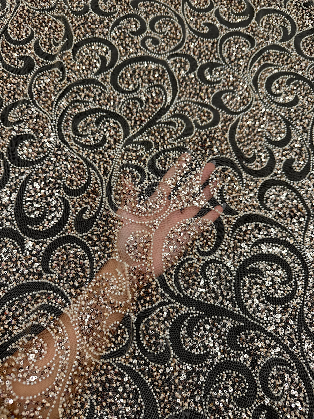 Gold Stretch Sequin Beaded Scroll Lace Mesh