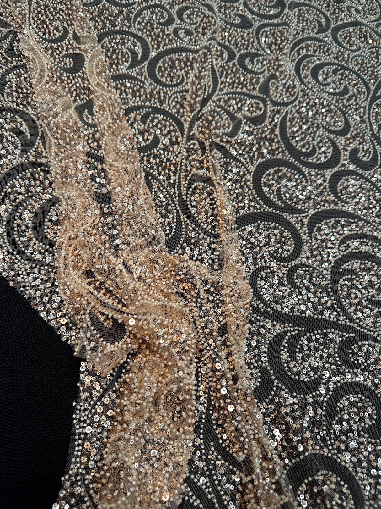 Gold Stretch Sequin Beaded Scroll Lace Mesh