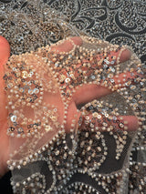 Gold Stretch Sequin Beaded Scroll Lace Mesh