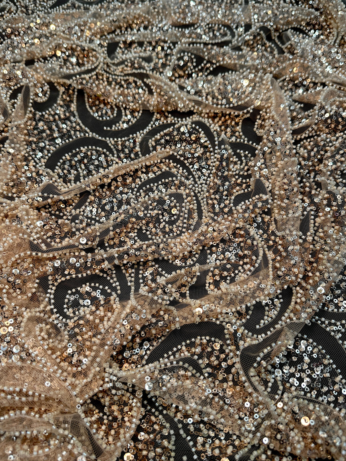 Gold Stretch Sequin Beaded Scroll Lace Mesh