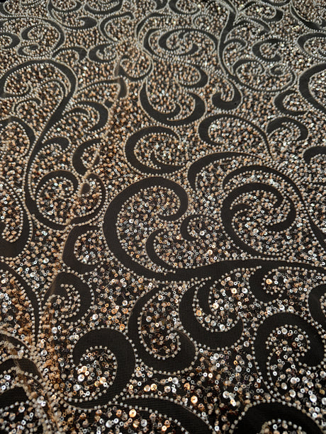 Gold Stretch Sequin Beaded Scroll Lace Mesh
