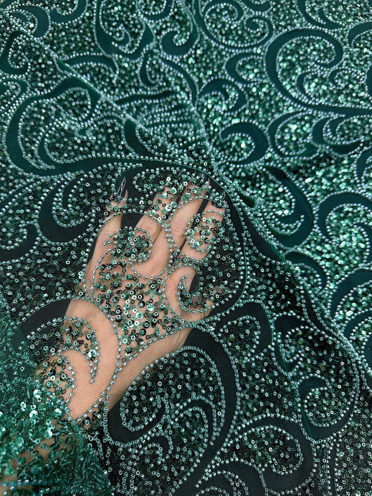 Stretch Sequin Beaded Scroll Lace on Mesh