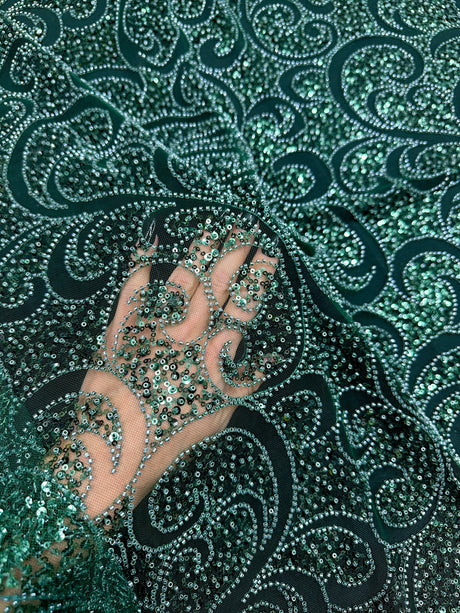 Stretch Sequin Beaded Scroll Lace on Mesh