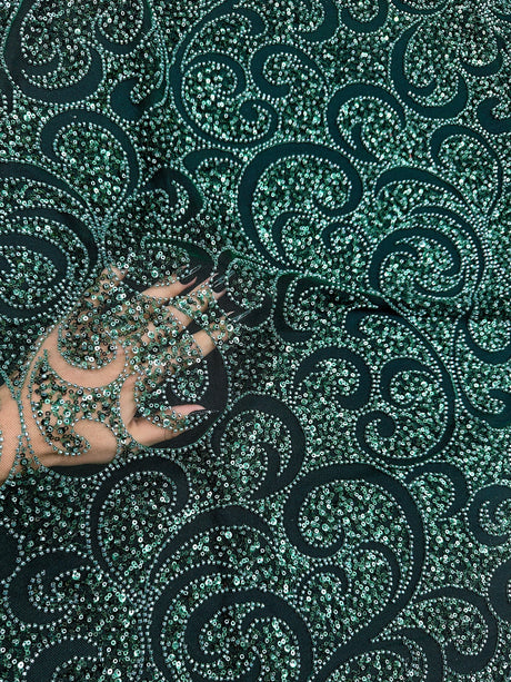Stretch Sequin Beaded Scroll Lace on Mesh