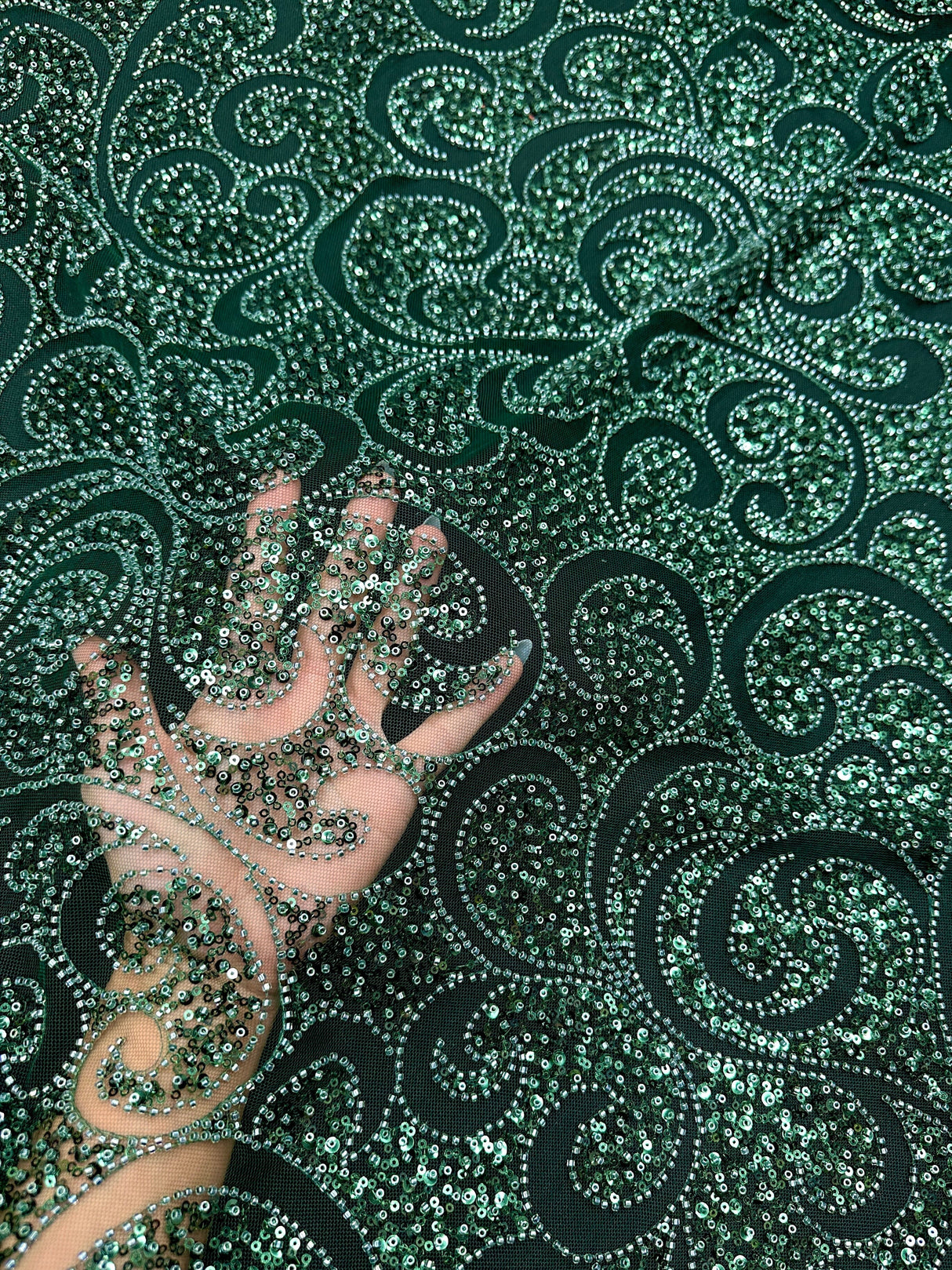 Stretch Sequin Beaded Scroll Lace on Mesh