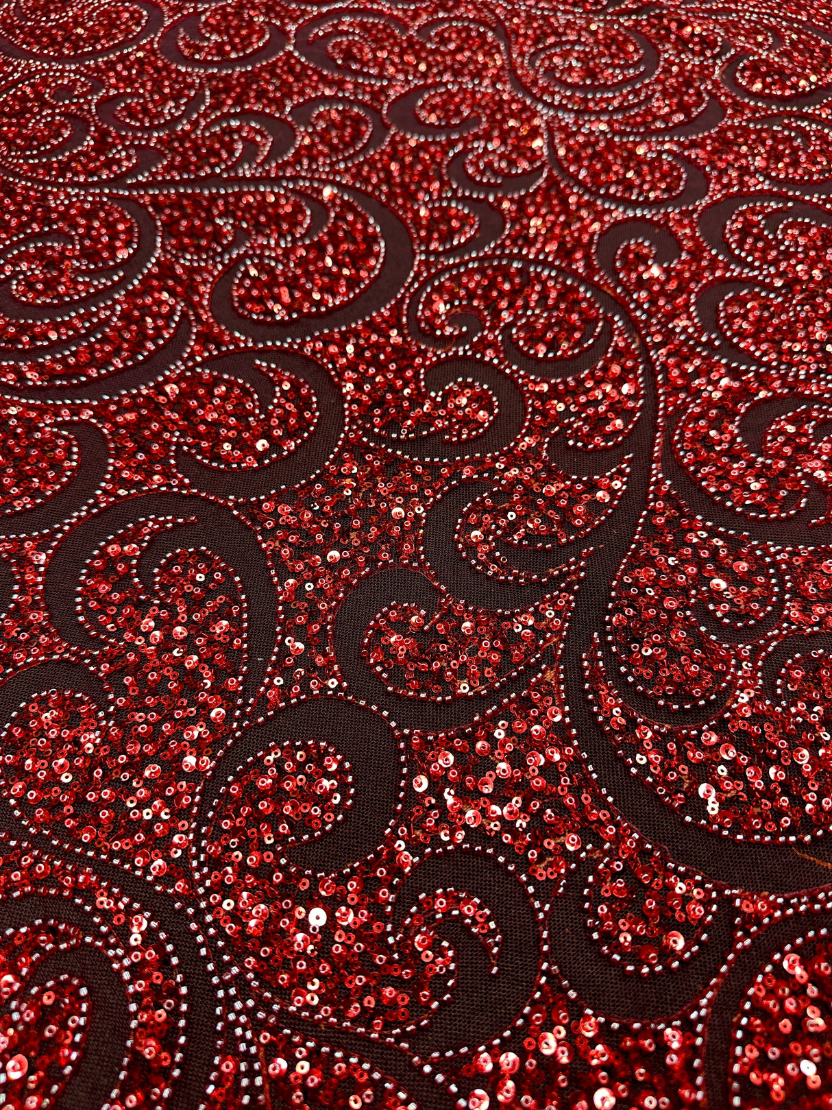 Stretch Sequin Beaded Scroll Lace Mesh