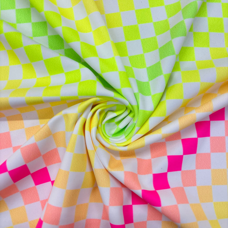 Neon Rainbow Checkered Polyester Spandex Fabric - Neon Rainbow Checkered, 58"/60" Width (1 Yard)